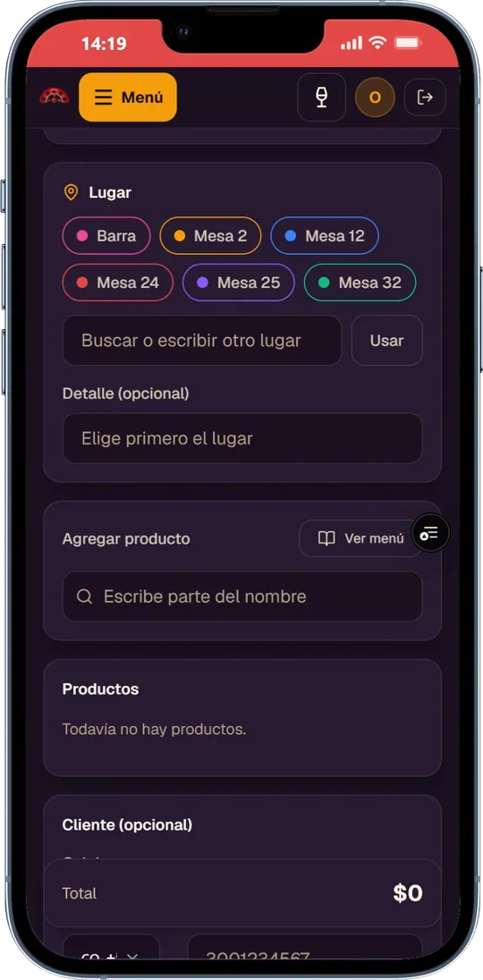 Pantalla del mesero tomando un pedido por mesa