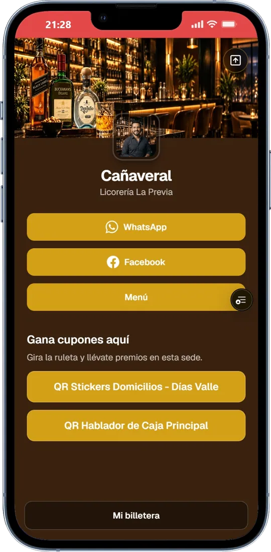 Página de una sede con botones de WhatsApp, redes, menú y ruleta