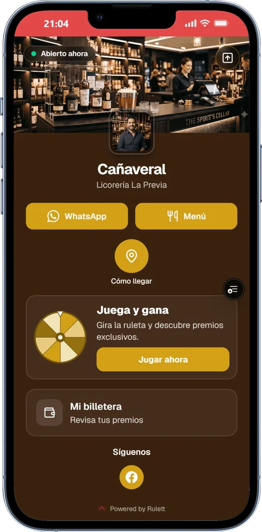 Página de una sede con botones de WhatsApp, redes, menú y ruleta