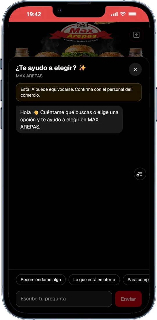 Asistente del menú preguntando qué buscas, con atajos como Recomiéndame algo y Lo que está en oferta